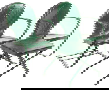 Green Patio Set: Green metal patio set with two reclining/rocking chairs, and matching small table, circa 1960s height 33.5 in. x width 29 in. x depth 24 in. / chair height 17 in. x width 20.5 in. x depth 20.5