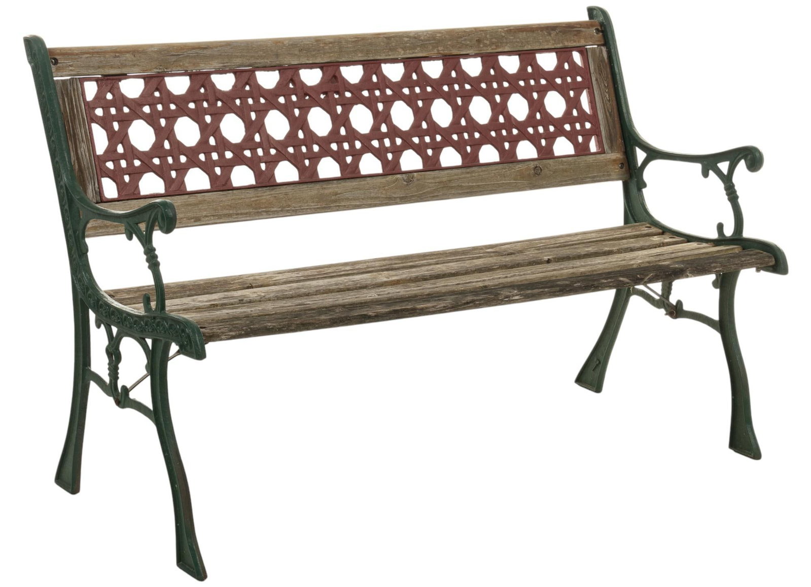 Garden Bench: Garden bench with wooden seat and back, and iron cross-weave backrest and frame, with paint remnants height 29.5 in. x width 47.5 in. x depth 24 in.