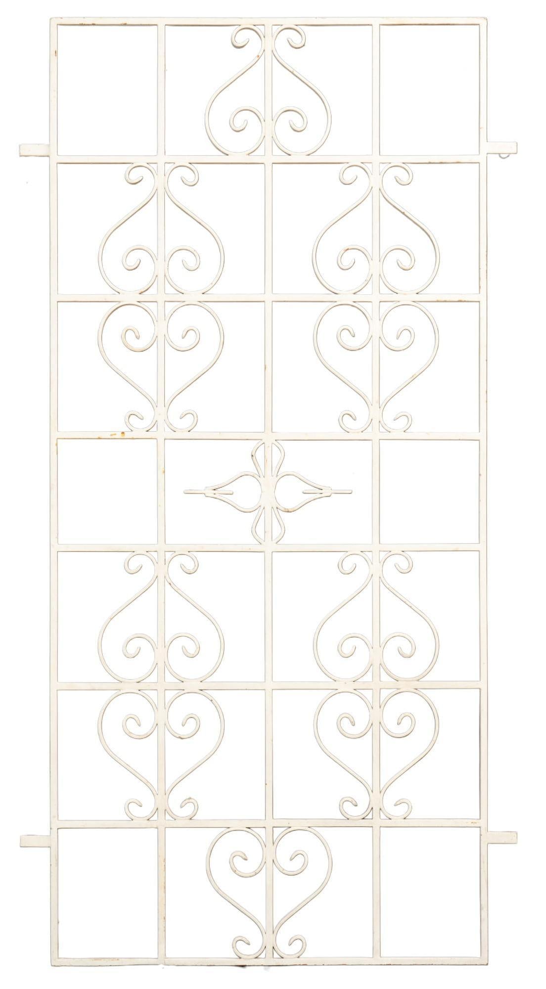 Iron Gate: Iron metal grate with scrolled details, and white paint height 67 in. x width 35 in. x depth 2 in.