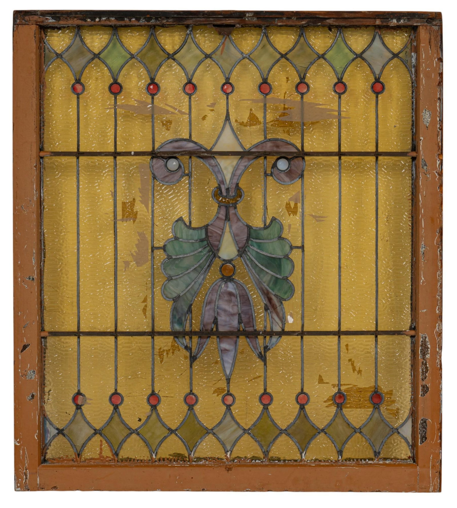 Stained Glass Panel: Stained glass panel with tulip and leaf motifs, in wooden frame height 37 in. x width 33 in. x depth 2 in. Provenance: Property from the collection of a Horseshoe Bay, Texas gentleman