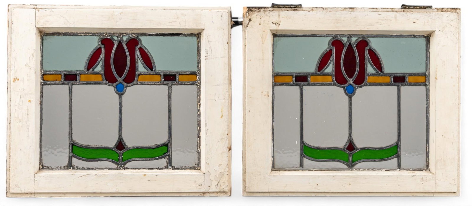 Pair of Stained Glass Panels: Pair of stained glass panels with floral motif, each in wooden frames height 19 in. x width 22 in. x depth 2 in. / each Provenance: Property from the collection of a San Antonio, Texas gentleman