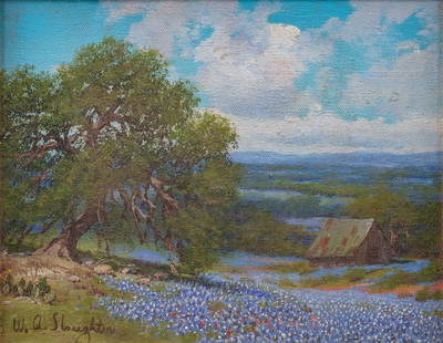 William A. Slaughter, Bluebonnets and Oak: William A. Slaughter (Texas, 1923-2003), bluebonnets and oak, oil on canvas sight: 8 x 10 in., frame: 10.5 x 13 in. Provenance: A Fredericksburg, Texas collection