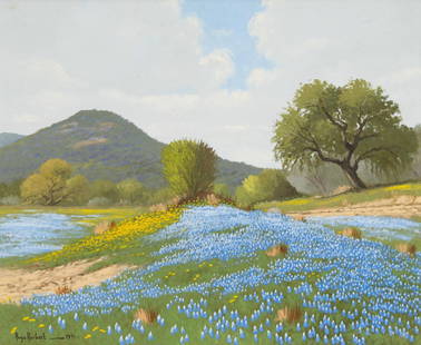 Hugo Herbeck, Bluebonnet Landscapes, 1971: Hugo Herbeck (Laredo, Texas, 1923-2009), bluebonnet landscape, oil on canvas sight: 20 x 24 in., frame: 22 x 26 in. Provenance: A Fredericksburg, Texas collection