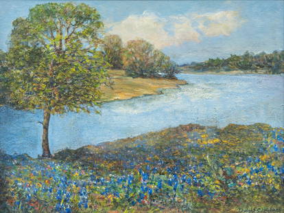 Dwight Clay Holmes, Bluebonnets: Dwight Clay Holmes (Texas / California, 1900-1986), bluebonnet landscape, oil on canvas sight: 18 x 24 in., frame: 22 x 28 in. Dwight Clay Holmes began his study of art early, in Galveston,