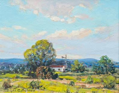 Dwight Clay Holmes, "Windmill Near Lampasas, Texas": Dwight Clay Holmes (Texas / California, 1900-1986), "Windmill Near Lampasas, Texas", oil on artist panel sight: 8 x 10 in., frame: 14 x 15.5 in.