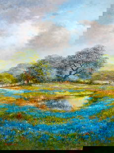 Dan Austine, Texas Bluebonnets: Dan Austine (Texas, 20th-21st C.), Texas bluebonnet landscape, oil on canvas sight: 40 x 30 in., frame: 48 x 38 in. Provenance: Property from the ranch home of a prominent businessman in