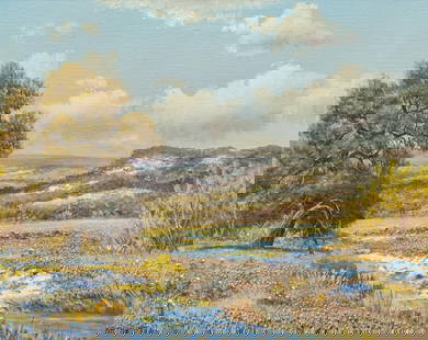 W. R. Thrasher, Bluebonnet Creek: William Robert Thrasher (Texas, 1908-1977), landscape with bluebonnets and creek, oil on canvas sight: 16 x 20 in., frame: 23 x 26.5 in. Provenance: Property from the collection of a Magnolia,