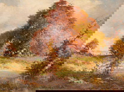 Robert Wood, "Red Oaks": Robert Wood (Texas / California, 1889-1979), "Red Oaks", oil on canvas sight: 11.5 x 15.5 in., frame 17 x 21 in. Provenance: Property from the collection of a Houston, Texas gentleman A