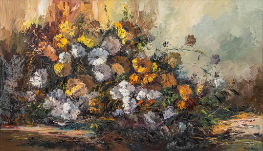 Jose Vives-Atsara, Floral Arrangement: Jose Vives-Atsara (Spain / San Antonio, Texas, 1919-2004), cascading floral arrangement, oil on masonite sight: 28 x 48 in., frame: 37 x 57 in. Provenance: Property from a home in the Terrell