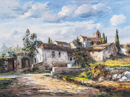 Jose Vives-Atsara, "The Village - Spain", 1966: Jose Vives-Atsara (Spain / San Antonio, Texas, 1919-2004), "The Village - Spain", 1966, oil on masonite sight: 30 x 40 in., frame: 37 x 47 in. Provenance: Property from a home in the