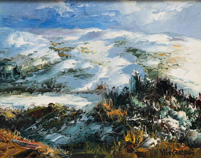 Jose Vives-Atsara, "Nieve en las Pirineos - Spain", 1981: Jose Vives-Atsara (Spain/San Antonio, Texas, 1919-2004), "Nieve en las Pirineos - Spain", 1981, oil on canvas sight: 8 x 10 in., frame: 14 x 16 in. Provenance: The Estate of Mrs. Burton