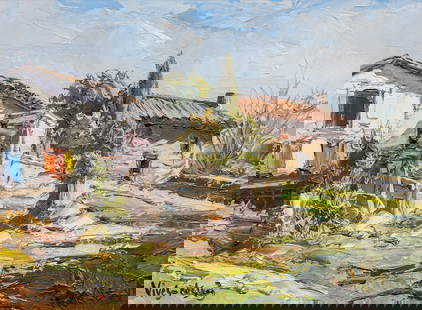 Jose Vives-Atsara, "Secando la Ropa", 1970: Jose Vives-Atsara, "Secando la Ropa" (Catalonia, Spain), 1970, oil on canvas sight: 9 x 12 in., frame: 15.5 x 18.5 in. Provenance: Originally purchased at a charity auction in the mid