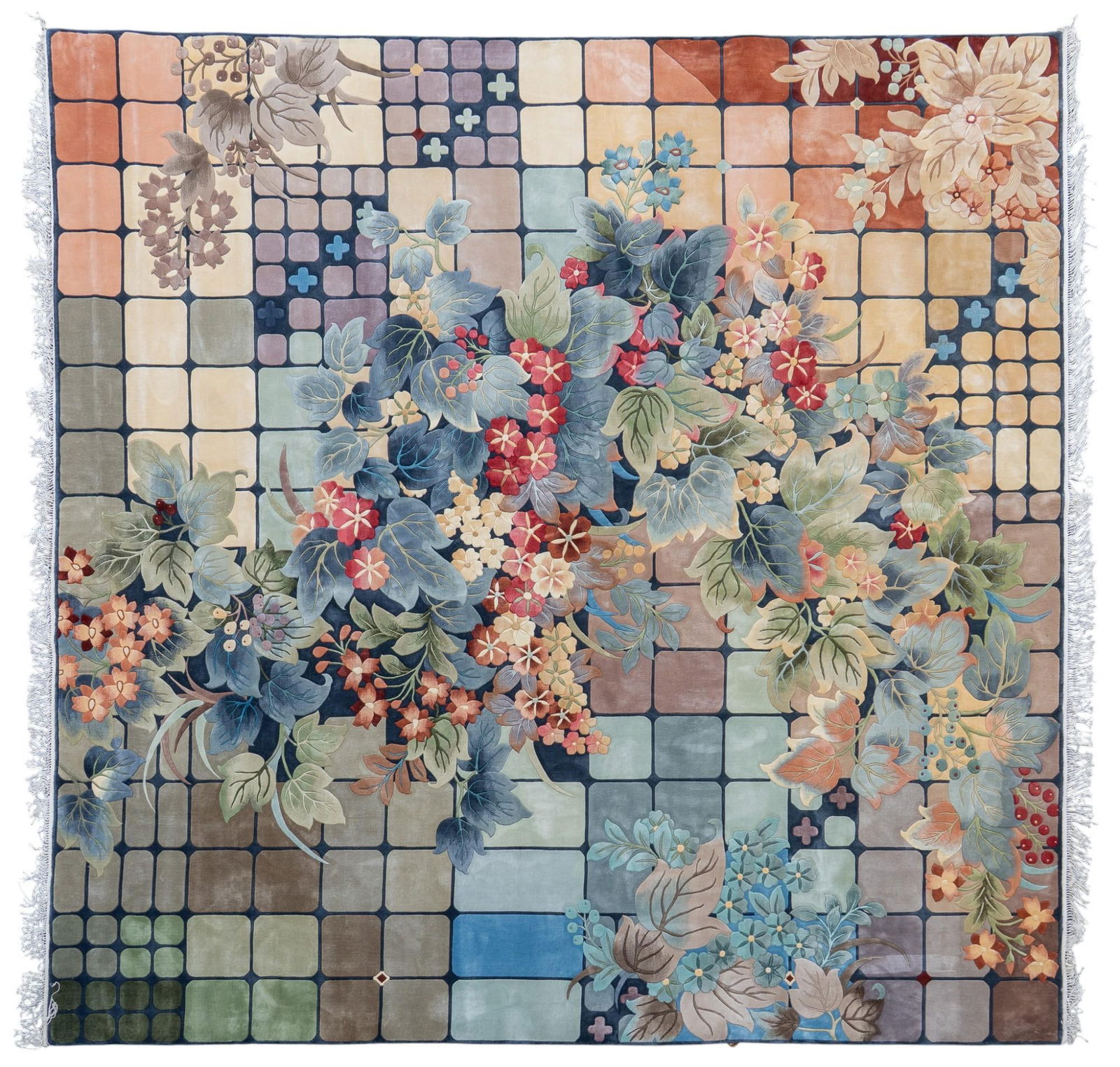 Handwoven Estate Rug, 10 ft. x 10 ft.: Handwoven silk rug with colorful gradient and floral motif 10 ft. x 10 ft.