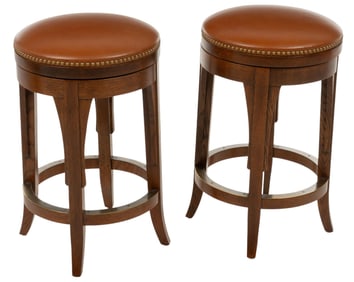 Pair of Stickley Leather and Oak Barstools