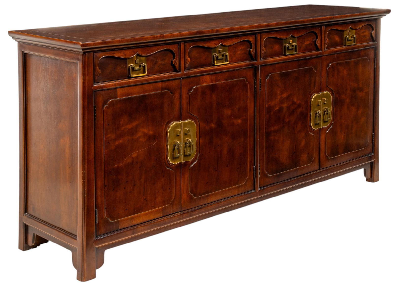 Henredon Buffet: Henredon (USA) buffet, with four drawers above four cabinet doors opening to single shelves, with brass pulls and hardware, on shaped block legs height 34.5 in. x width 72 in. x depth 14 in. Provena