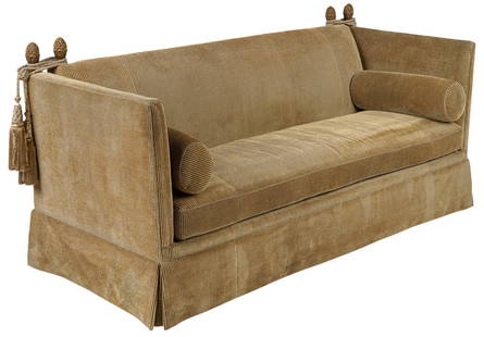 Lewis Mittman Sofa: Lewis Mittman (USA) sofa, with wooden finials and cords, striped upholstery with skirt, and two throw pillows height 42 in. x width 88 in. x depth 36 in. Provenance: Custom furnishings from the coll