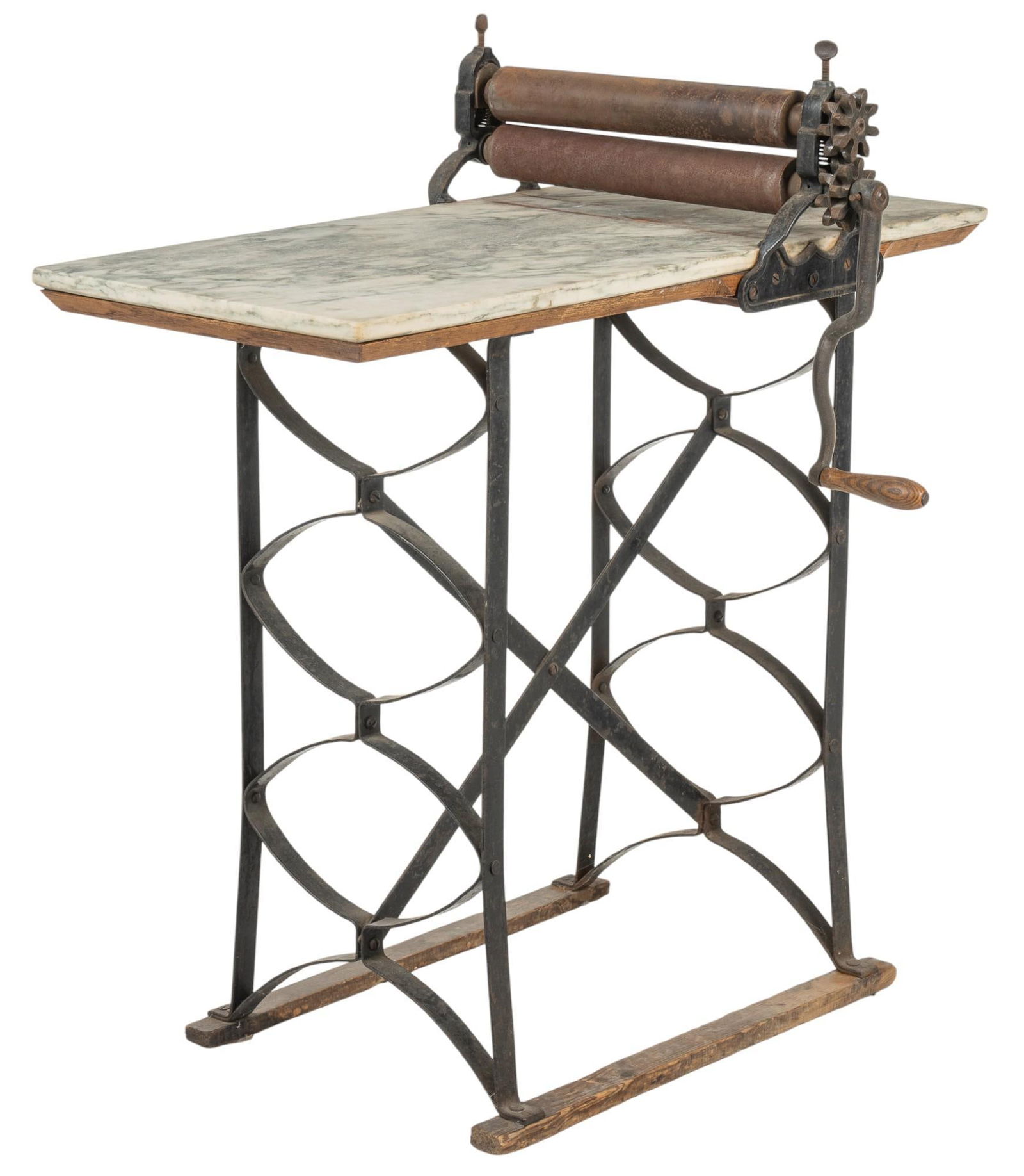 Marble Top Dough Kneader: Marble top dough kneader, hand crank, with iron hardware height 39 in. x width 36 in. x depth 24 in. Provenance: Property from the historic Steves Homestead in the King William neighborhood, San Ant