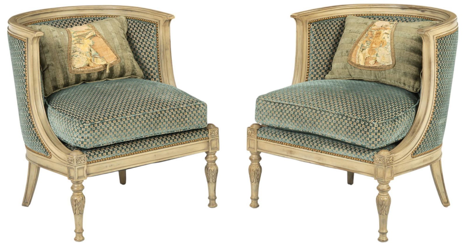 Pair of Schumacher Chairs: Pair of upholstered Schumacher chairs, with horseshoe back, blue upholstery with nailhead trim, wooden frame painted white, with craved details, on fluted legs height 31 in. x width 27.5 in. x depth