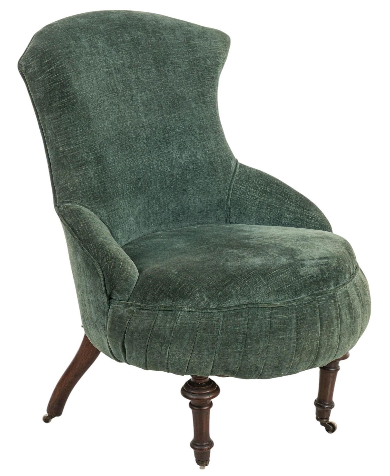 Vintage Napoleon III Style Armchair: Vintage Napoleon III armchair with velvet green upholstery, on turned legs ending in casters height 32 in. x width 25 in. x depth 21 in. Provenance: Property from the collection of a Helotes, Texa