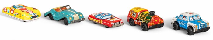 (5) Vintage Litho Tin Toy Cars