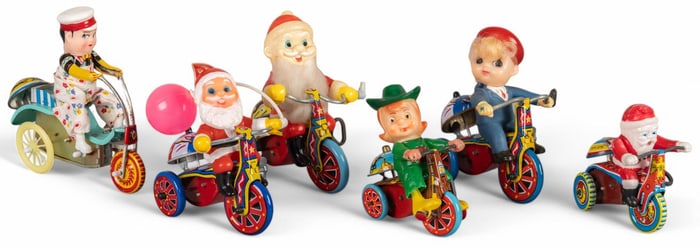 (6) Vintage Litho-Tin Toys on Tricycles