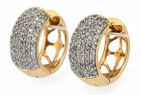 14K Diamond Earrings: 14K gold diamond earrings featuring round brilliant cut diamonds along hoop, marked "14K WTJ" Length: 0.5 in. Total weight: 5.6 g All diamond or stone details including but not