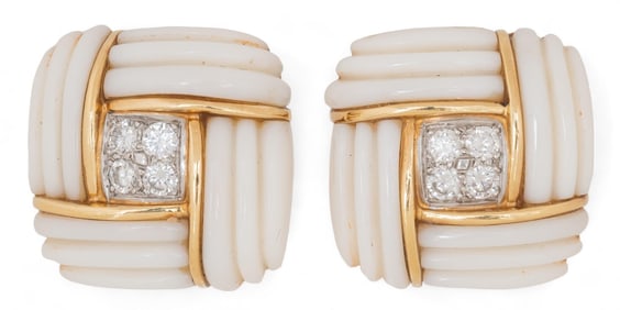 18K Carved White Coral and Diamond Earrings