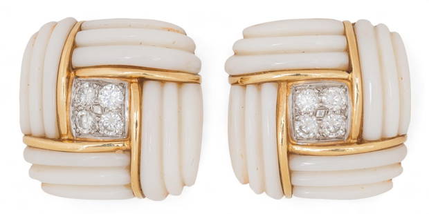 18K Carved White Coral and Diamond Earrings: 18K gold carved white coral and diamond earrings, carved white coral with central inlaid diamonds (approx. G color, VS2 Clarity, 1.50 ctw), marked "750" Total weight: 37.7 g Provenance: