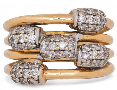 14K Three Band Diamond Ring: 14K gold three band motif diamond ring, size 5, unmarked Total weight: 7.4 g Provenance: Property from a luxury condominium in the Alamo Heights neighborhood of San Antonio All diamond or