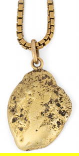 Italian 14K Diamond Nugget Pendant Necklace: Italian 14K gold diamond nugget pendant necklace, on box chain necklace, gold nugget pendant with single inlaid diamond (approx. .40 ct), marked "14K Italy" Chain length: 20 in. Pendant
