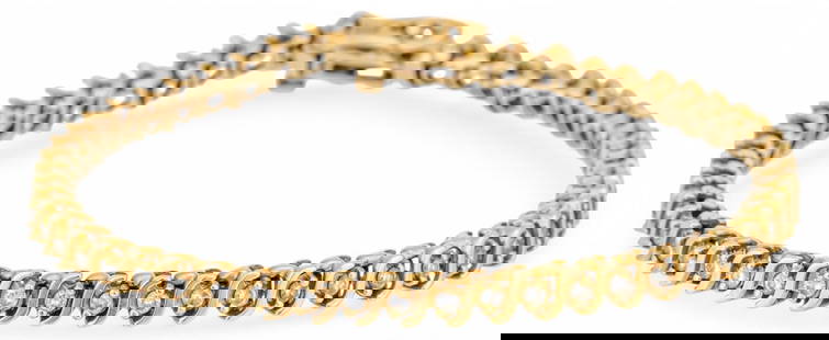 14K Tennis Bracelet: 14K gold tennis bracelet featuring fifty-four inlaid diamonds (approx. 1.62 ctw), marked "14K" Circumference: 7 in. Total weight: 12.8 g All diamond or stone details including but