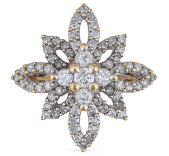10K Flower Diamond Ring: 10K gold melee flower diamond ring featuring rows of melee diamond in flower shape, size 7, marked "10K" Total weight: 4.2 g Provenance: Property from the collection of a Universal