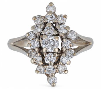 14K White Gold Diamond Cluster Ring: 14K white gold diamond cluster ring featuring array of diamonds, size 6, marked "14K" Total weight: 4.3 g Provenance: Property from the collection of a Universal City, Texas couple 