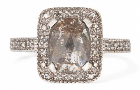 14K White Gold Salt and Pepper Diamond Ring: 14K white gold salt and pepper diamond ring containing a rectangular cushion shaped rose cut salt and pepper diamond (approx. 1.60 ct), diamond is semi-transluscent and heavily included with dark