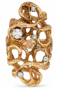 14K Abstract Diamond Ring: 14K gold abstract diamond ring featuring five inlaid diamonds (approx. 0.32 ctw) on abstract curved branches, size 6.5, marked "14K" Total weight: 12.5 g Property from the historic