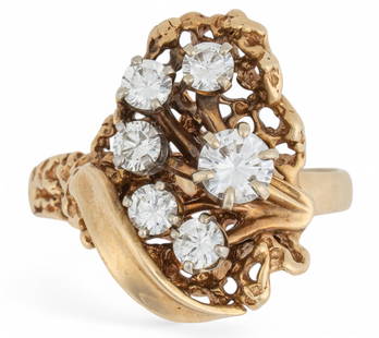 14K Abstract Diamond Ring: 14K abstract diamond ring featuring six round cut diamonds (approx. ), size 8.5, unmarked Total weight: 7.3 g All diamond or stone details including but not limited to color, clarity, cuts,