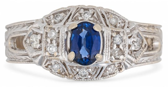 14K White Gold Art Deco Sapphire and Diamond Ring