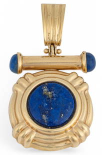 14K Lapis Pendant: 14K gold lapis pendant featuring three inlaid pieces of lapis stone, marked "14K" Pendant with bale: 1.75 in. Total weight: 5.9 g