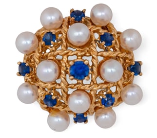 14K Gold Pearl and Blue Gemstone Ring