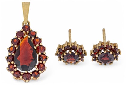 14K Garnet Pendant and Earrings