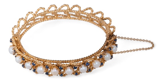 14K Gold Pearl and Blue Topaz Bracelet