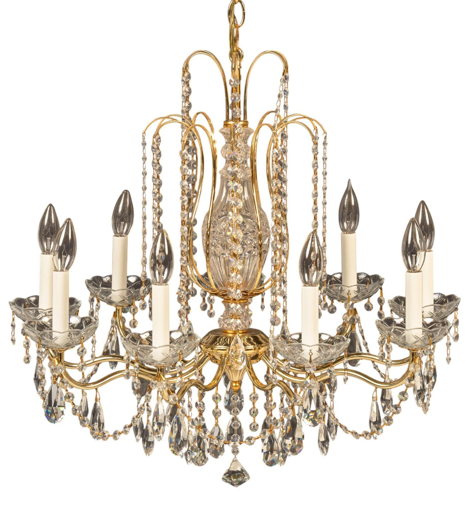 Louis XVI Style Chandelier: Louis XVI style chandelier with gold-toned brass body, and crystal beads and pendants, and scalloped crystal shades under faux candle fixtures height 25 in. x width 21 in. x depth 21 in. Provenanc