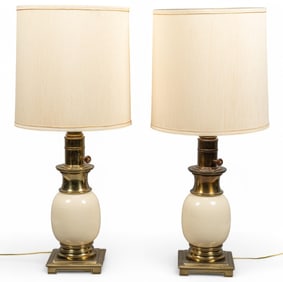 Pair of Stiffel Ostrich Egg Brass Table Lamps