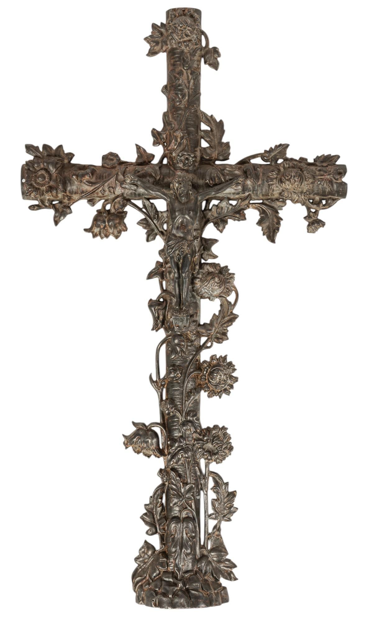French Cast Iron Crucifix Grave Marker: French cast iron crucifix grave marker, circa 19th century height 47.5 in. x width 26.5 in. x depth 3 in. Provenance: Property from the collection of a San Antonio, Texas gentleman
