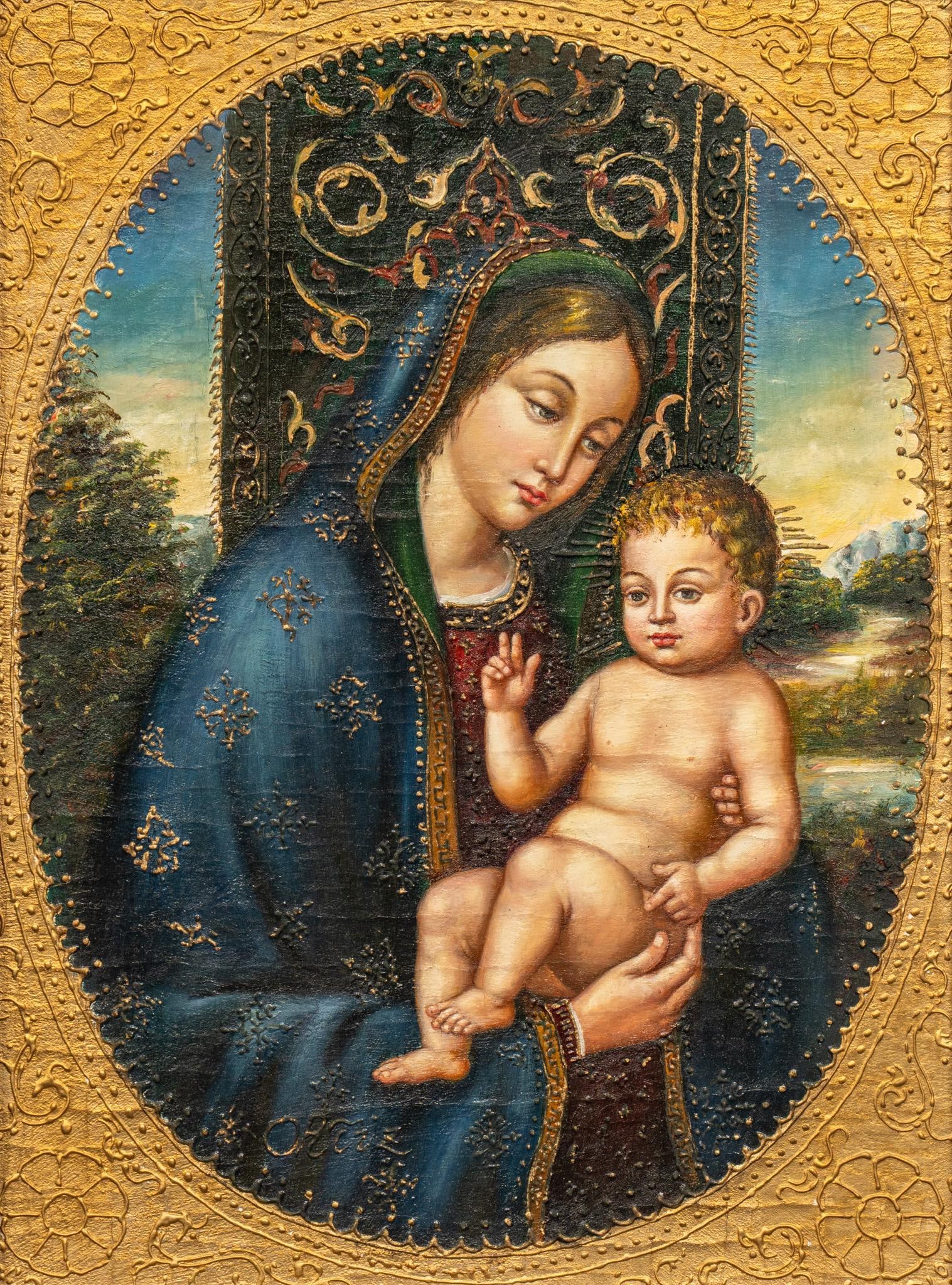 Enrique Ortiz, Madonna and Child: Enrique Ortiz (Chile, b. 1953), religious painting of Madonna and Child, oil on canvas sight: 16 x 12 in., frame: 23 x 18 in. Enrique Ortiz was born near Santiago, Chile in 1953 to Brazilian and Chile
