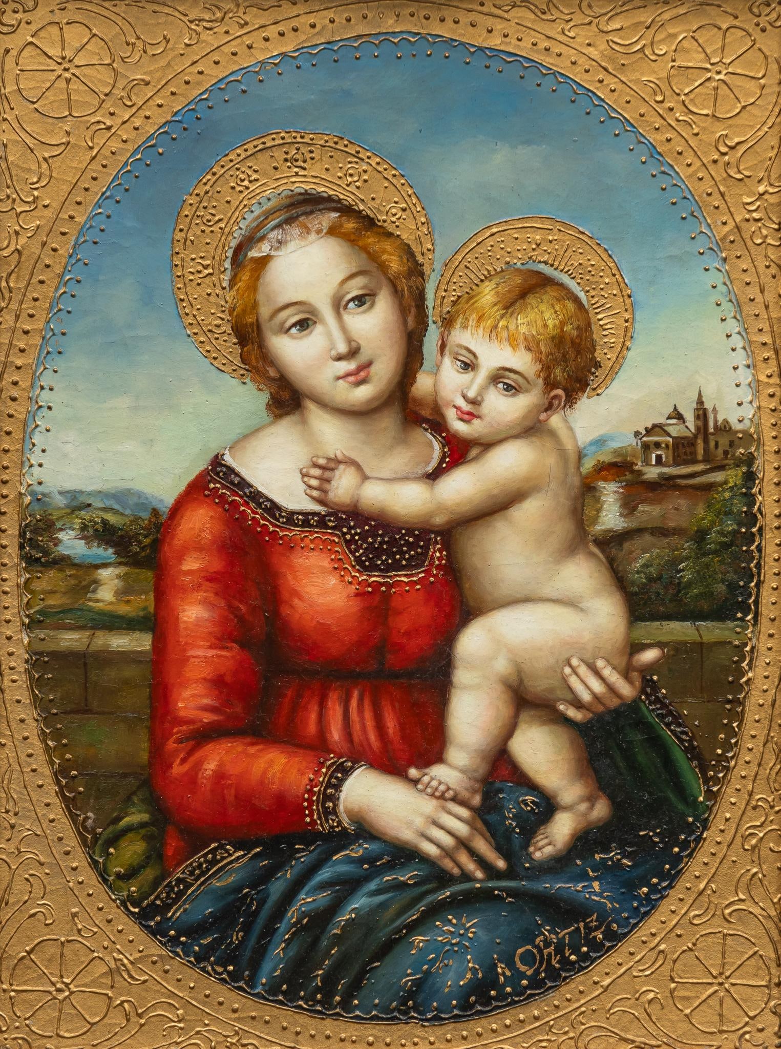 Enrique Ortiz, Madonna and Child, Oil Painting: Enrique Ortiz (Chile, b. 1953), Madonna and Child, oil on canvas with raised gilt details, in carved frame sight: 16 x 12 in., frame: 23 x 19.5 in. Enrique Ortiz was born near Santiago, Chile in 1