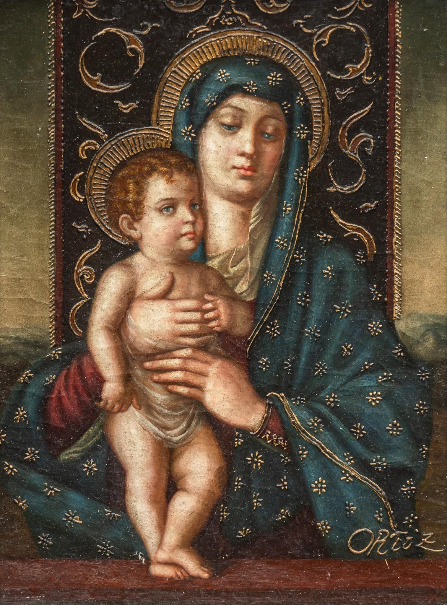 Enrique Ortiz, Madonna and Child, Oil Painting: Enrique Ortiz (Chile, b. 1953), Madonna and Child, oil on canvas with raised gilt details, in carved frame sight: 16 x 12 in., frame: 23 x 19.5 in. Enrique Ortiz was born near Santiago, Chile in 1953 