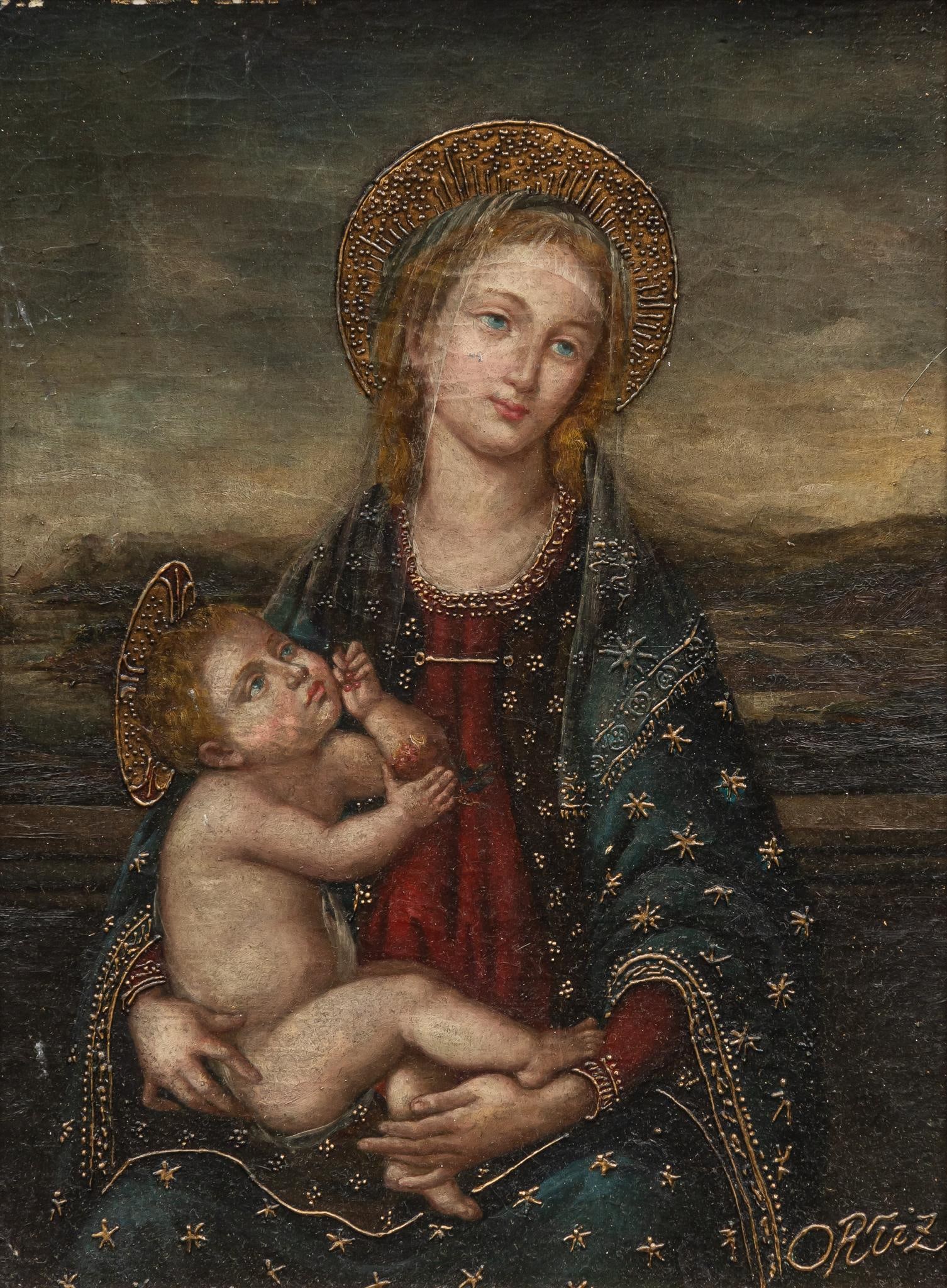 Enrique Ortiz, Madonna and Child, Oil Painting: Enrique Ortiz (Chile, b. 1953), Madonna and Child, oil on canvas with raised details, in carved framed sight: 16 x 12 in., frame: 23 x 19 in. Enrique Ortiz was born near Santiago, Chile in 1953 to Bra