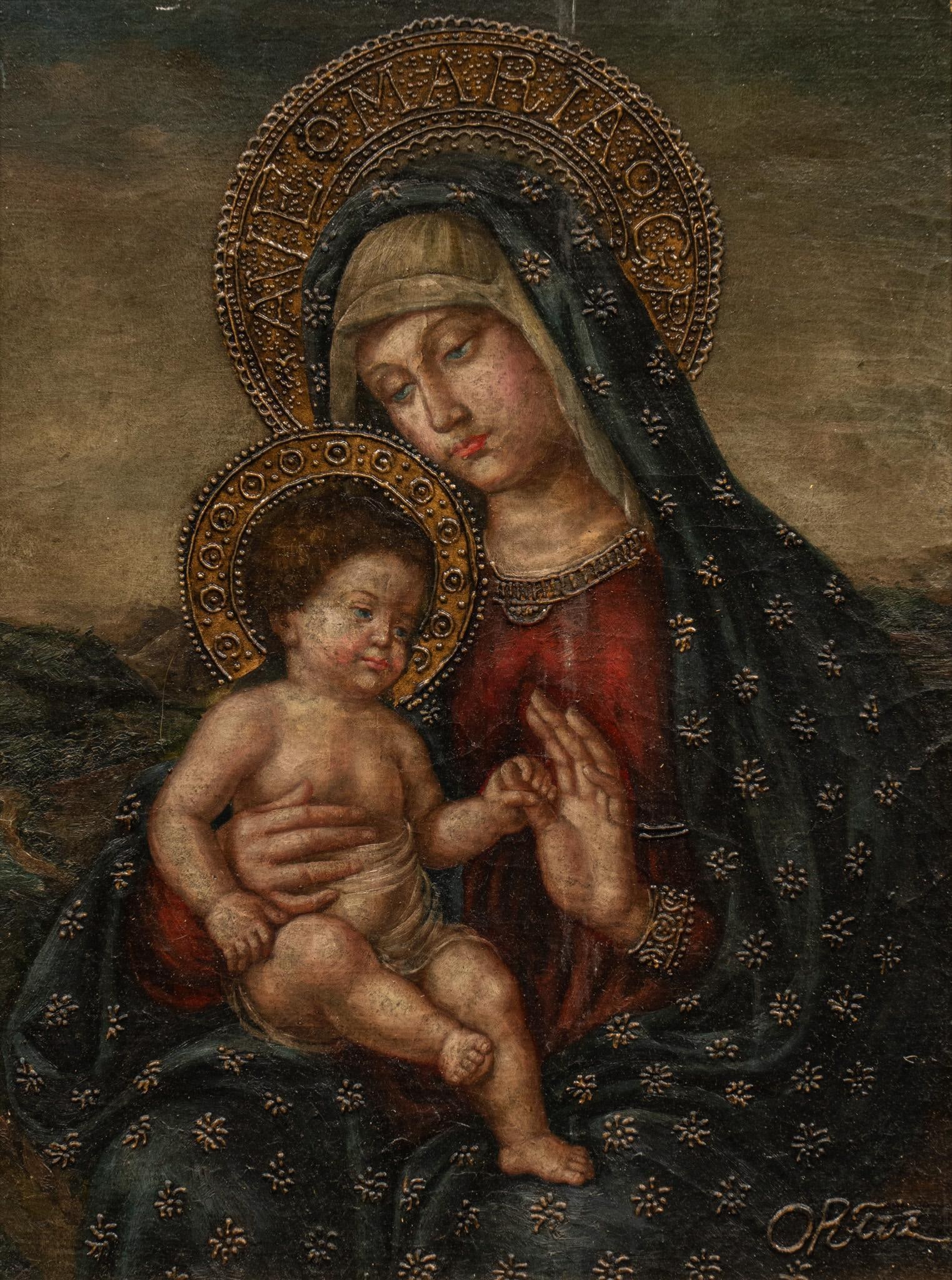 Enrique Ortiz, Madonna and Child: Enrique Ortiz (Chile, b. 1953), religious painting of Madonna and Child, oil on canvas sight: 16 x 12 in., frame: 25 x 21 in. Enrique Ortiz was born near Santiago, Chile in 1953 to Brazilian and Chile