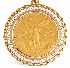 Mexican 50 Peso Gold Coin Pendant Necklace